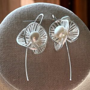 Gorgeous Solid Sterling Silver Long Fish Hook Pearl Earrings